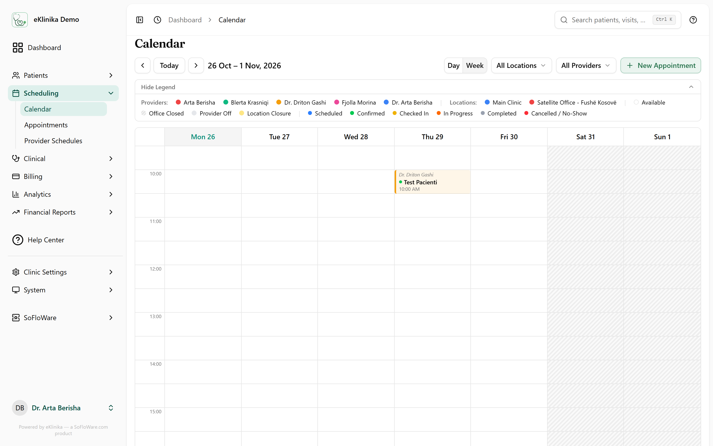 eKlinika week calendar with colour-coded appointments per provider